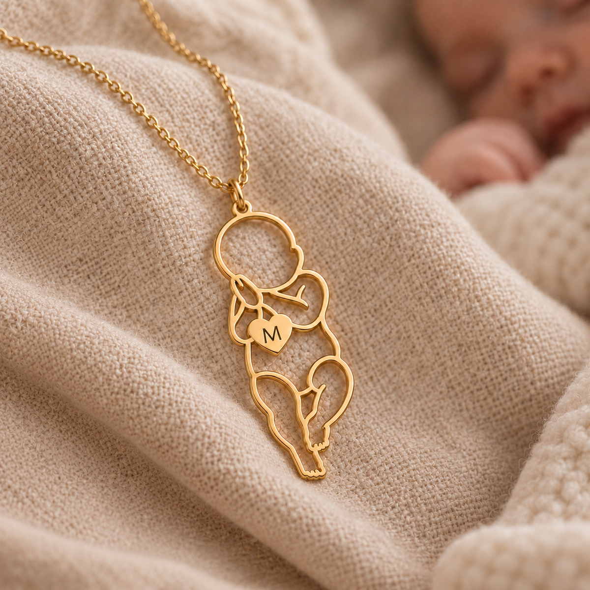 Guldhalskæde med babyvedhæng og hjerte graveret med initialen M, fotograferet på beige stof.