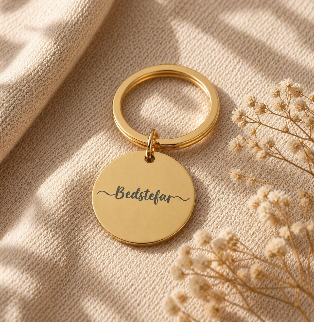 Nøglering i guld med personligtekst: "Bedstefar"